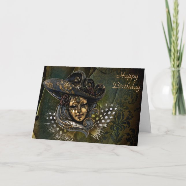 Carnival Mask - Green N Gold Damask Birthday Card (Front)