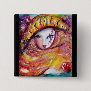 CARNIVAL MASK IN GOLD YELLOW WITH RED ROSE 15 CM SQUARE BADGE