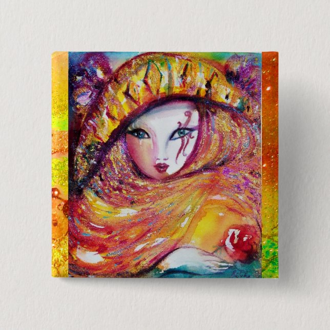 CARNIVAL MASK IN GOLD YELLOW WITH RED ROSE 15 CM SQUARE BADGE (Front)