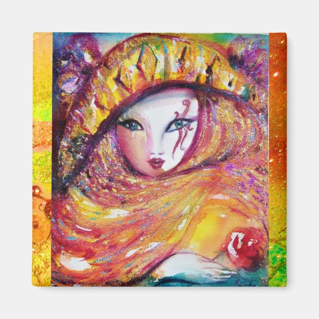 CARNIVAL MASK IN GOLD YELLOW WITH RED ROSE MAGNET (Front)