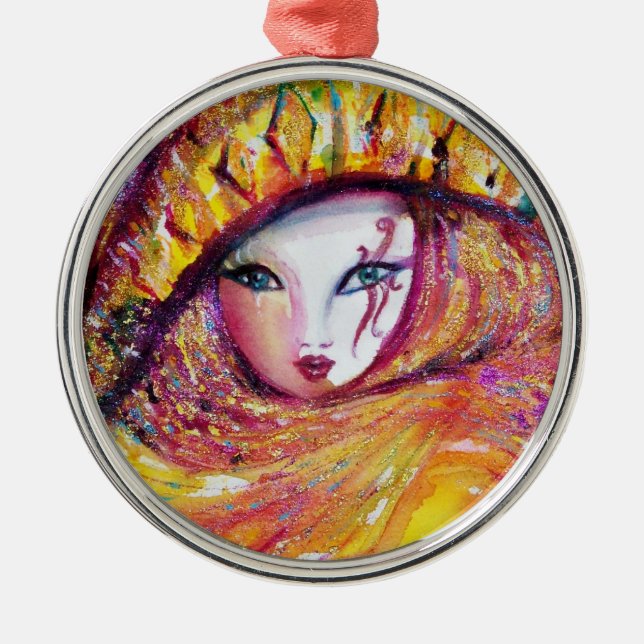 CARNIVAL MASK IN GOLD YELLOW WITH RED ROSE METAL TREE DECORATION (Front)