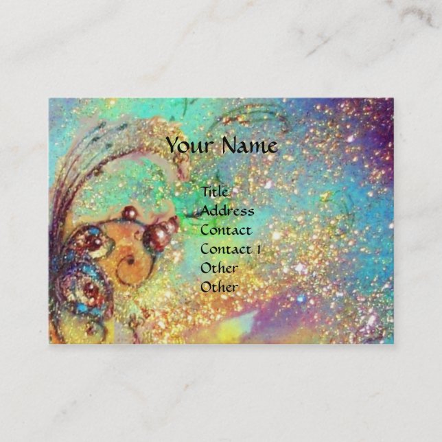 CARNIVAL MASK IN YELLOW / BLUE GREEN GOLD SPARKLES BUSINESS CARD (Front)