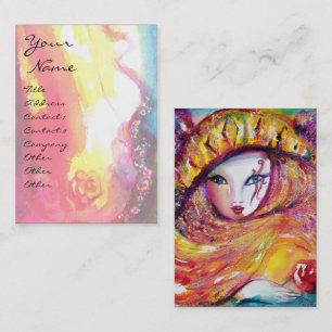 CARNIVAL MASK IN YELLOW WITH RED ROSE BUSINESS CARD