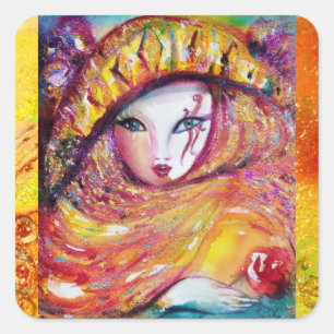 CARNIVAL MASK IN YELLOW WITH RED ROSE SQUARE STICKER