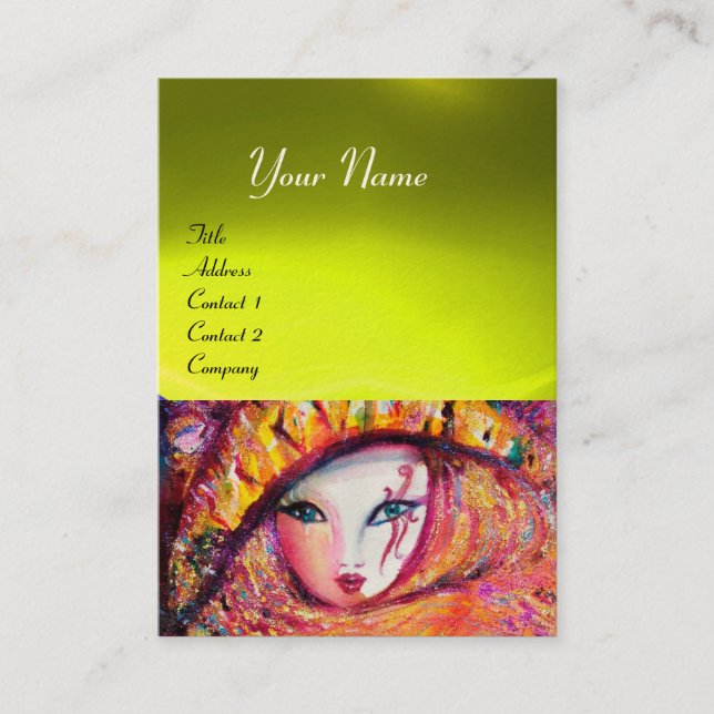 CARNIVAL MASK IN YELLOW WITH RED ROSE ,Topaz Business Card (Front)
