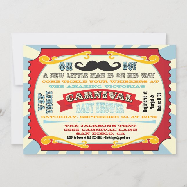 Carnival Moustache Baby shower Invitation (Front)