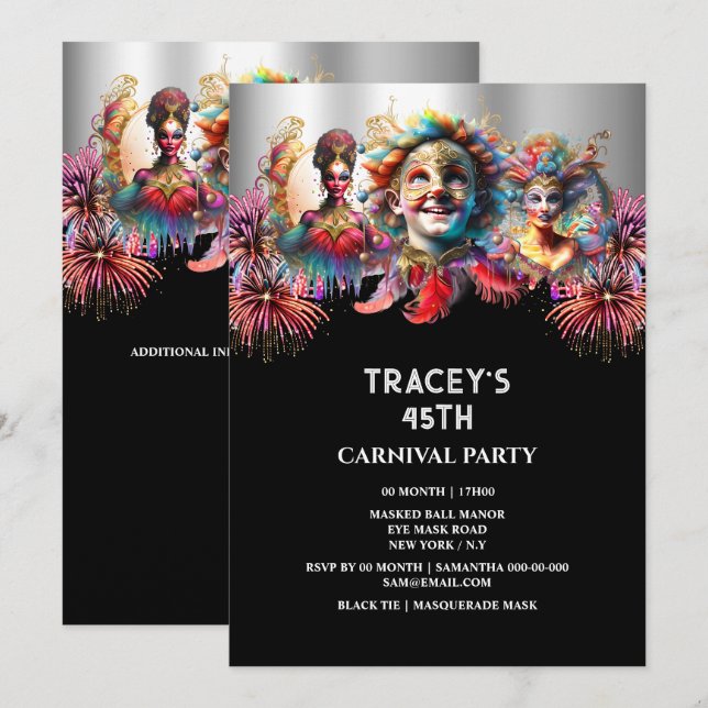 Carnival night circus fireworks masquerade masks invitation (Front/Back)