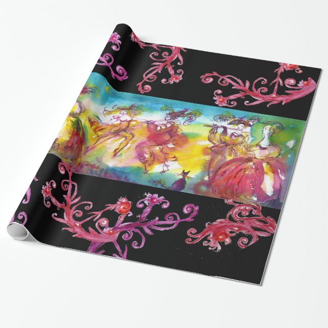 CARNIVAL NIGHT DANCE,  RED PURPLE  FLORAL SWIRLS WRAPPING PAPER (Unrolled)