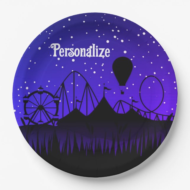 Carnival night summer fair ride black blue paper plate (Front)