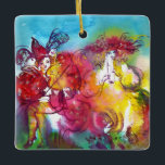 CARNIVAL NIGHT / Venetian Masquerade,Dance Music Ceramic Tree Decoration<br><div class="desc">Colourful , whimsical, musical abstract figurative watercolor painting with dancing figures, musicians, vibrant carnival costumes, feathered masks in bright pink, fuchsia, green, red, blue, yellow colours , inspired from Comedy of Art (Commedia dell'arte ) , Italian masks and Carnival of Venice . It is also a beautiful gift for christmas,...</div>