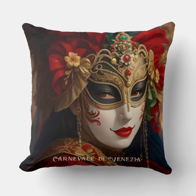 Carnival of Venice mask red green gold Cushion (Front)