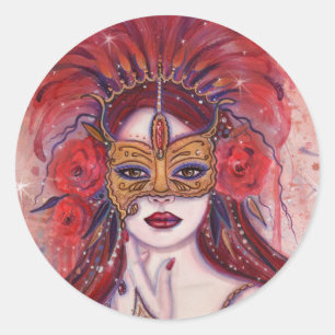 Carnival red fantasy woman in mask by Renee Lavoie Classic Round Sticker