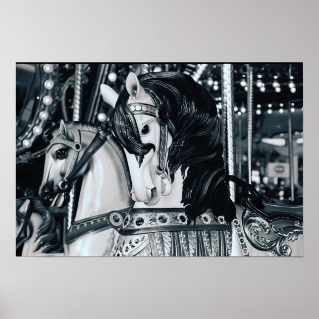 Carnival Ride Horse Carousel - Black & White Photo Poster (Front)