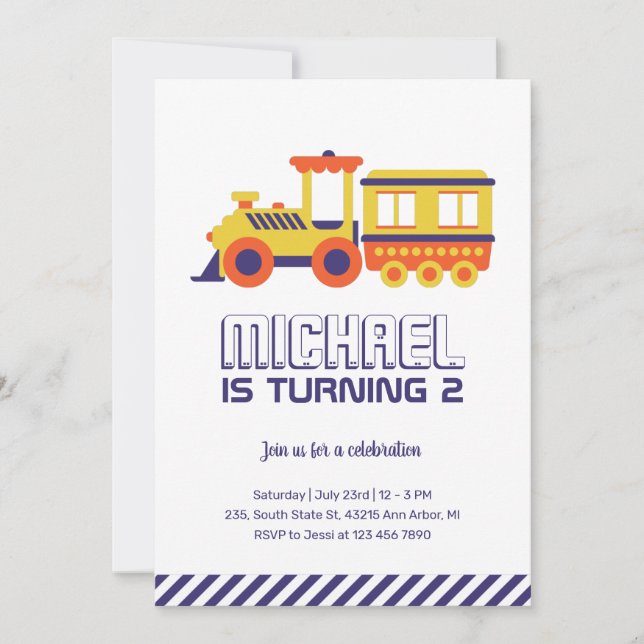Carnival Train Purple Yellow Kids Boys Birthday Invitation (Front)