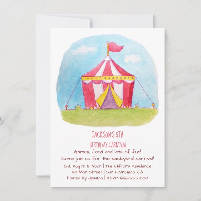 Carnival Watercolor Birthday Party Invitations (Front)