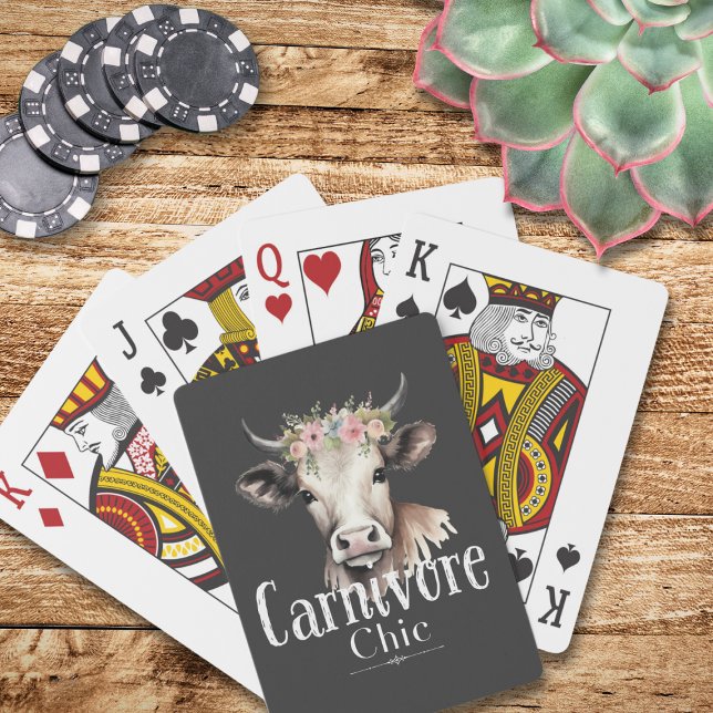 Carnivore Chic Cute Pastel Floral Cow  Playing Cards (Carnivore Chic: Where whimsical meets wild in every hand. Play with flair, deal with style!)