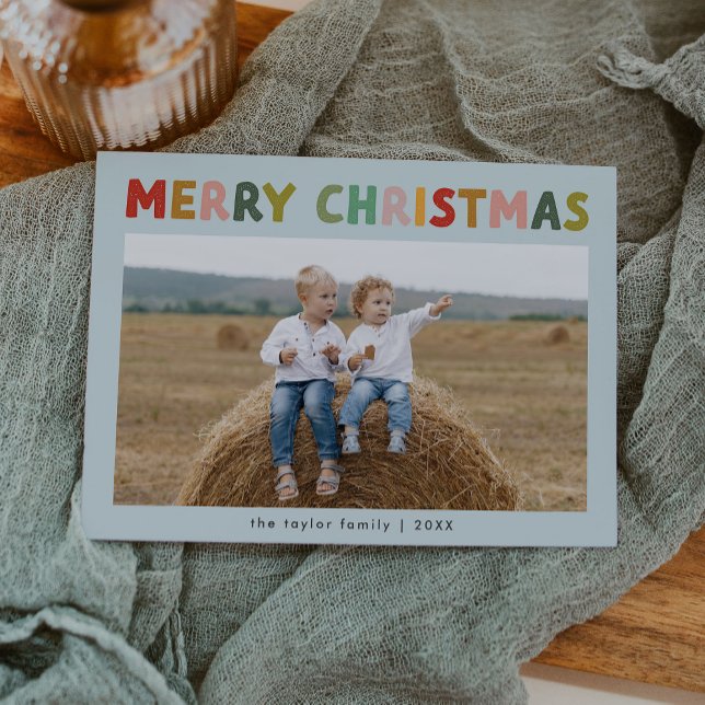 CAROL Blue Cute Children Photo Merry Christmas Holiday Card (CAROL Blue Cute Children Photo Merry Christmas Holiday Card)