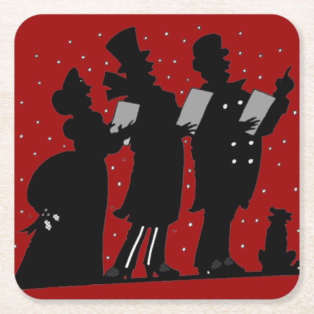 Carolers in Silhouette Christmas Square Paper Coaster (Front)