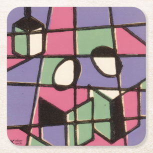 Carolers Stainglass Square Paper Coaster