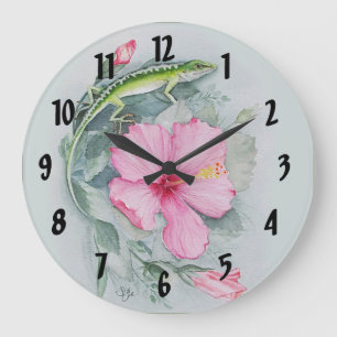 Carolina Anole & Hibiscus Large Clock