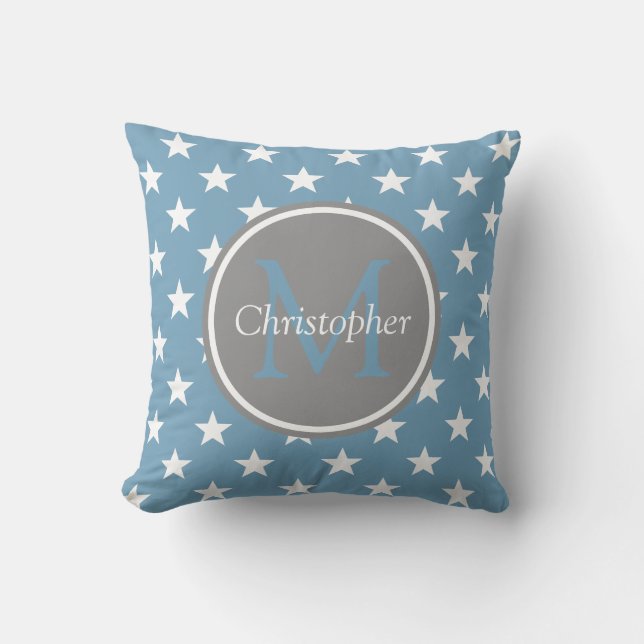Carolina Blue and Dove Grey Stars Monogram Cushion (Front)
