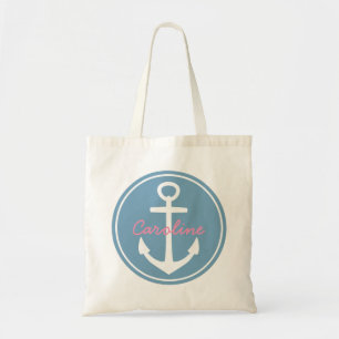 Carolina Blue and White Anchor with Happy Pink Tote Bag