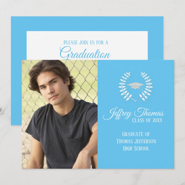 Carolina Blue Cap & Leaves Grad Invitation 5" x 7" (Front/Back)