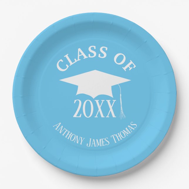 Carolina Blue Grad Cap and Leaves Paper Plates 9" (Front)