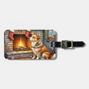 Carolina Dog Fireplace with Christmas Lights Luggage Tag