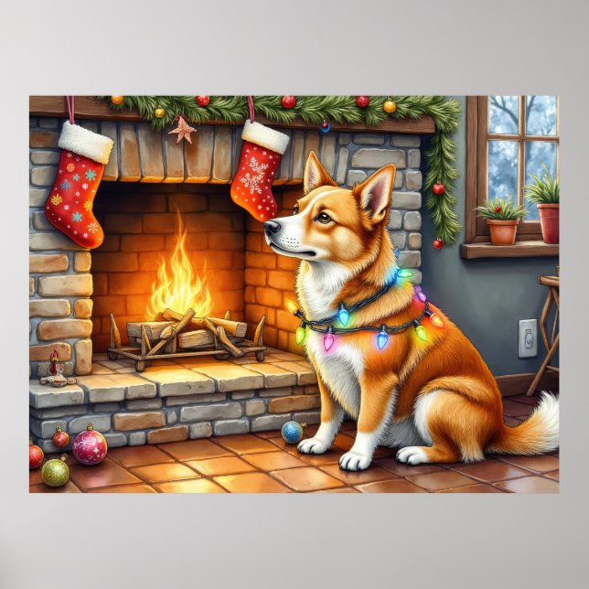 Carolina Dog Fireplace with Christmas Lights Poster (Front)