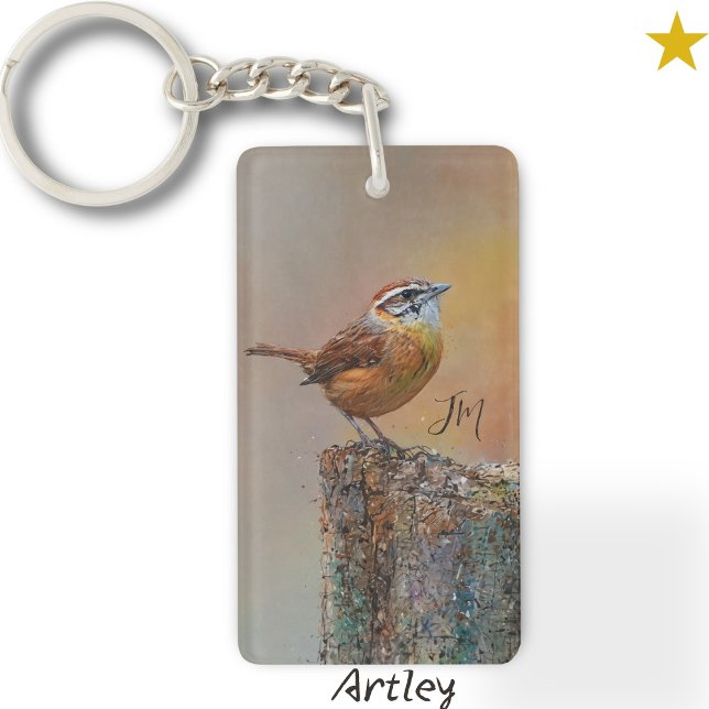 Carolina Wren Bird Painting Custom Initial Birder  Key Ring (Creator Uploaded)