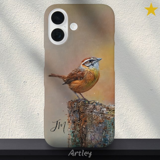 Carolina Wren Bird Painting Initials Custom Name Case-Mate iPhone Case (Creator Uploaded)