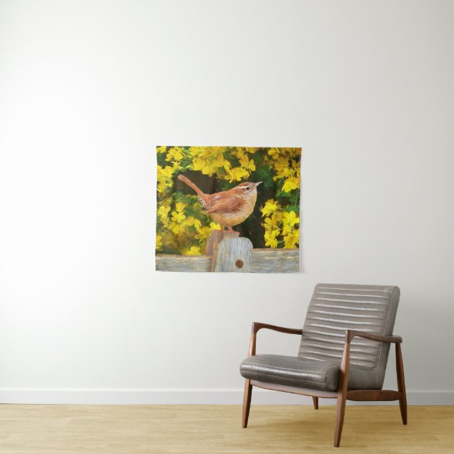 Carolina Wren Painting - Original Wild Bird Art Tapestry (In Situ (Horizontal))