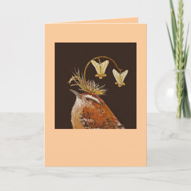 Carolina wren with Dutchman's britches hat card (Front)
