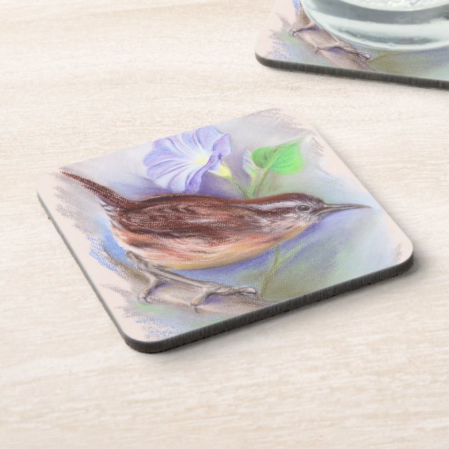 Carolina Wren with Morning Glory Flowers Coaster (Left Side)
