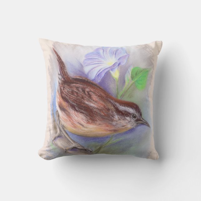 Carolina Wren with Morning Glory Flowers Cushion (Front)