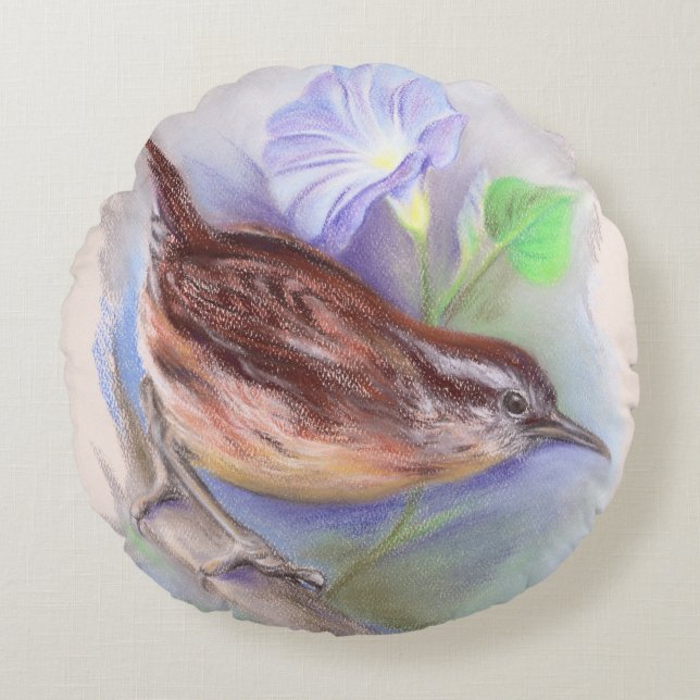 Carolina Wren with Morning Glory Flowers Round Cushion (Front)