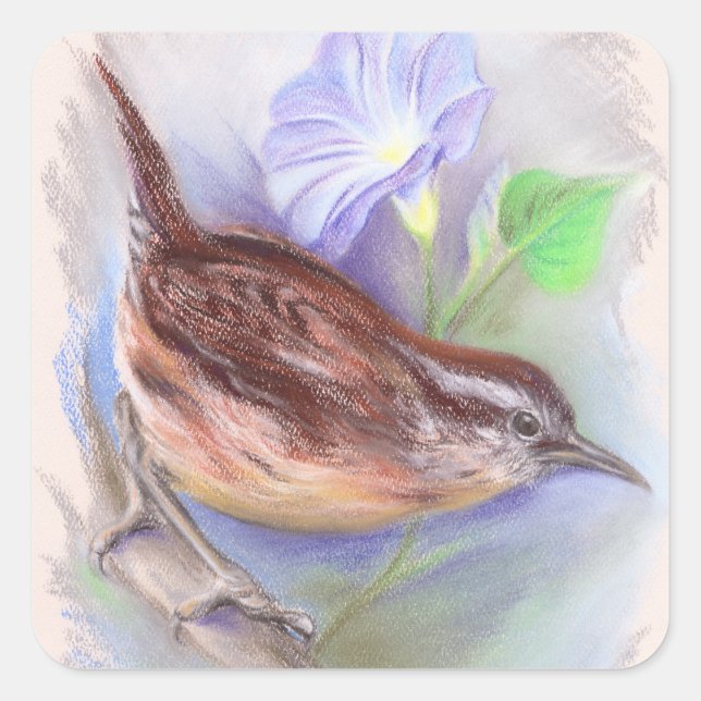 Carolina Wren with Morning Glory Flowers Square Sticker (Front)