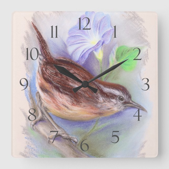 Carolina Wren with Morning Glory Flowers Square Wall Clock (Front)