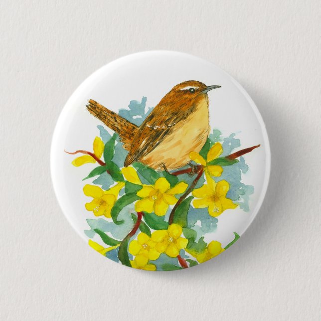 Carolina Yellow Jessamine Flowers Wren Bird 6 Cm Round Badge (Front)
