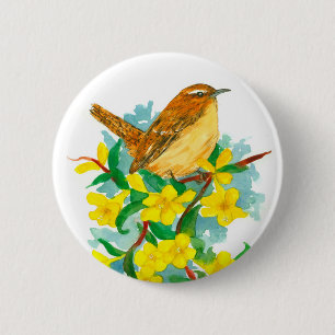 Carolina Yellow Jessamine Flowers Wren Bird 6 Cm Round Badge