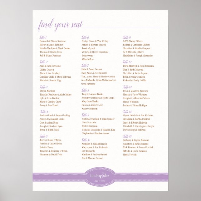 Caroline Seating Chart for Wedding, Lavender (Front)