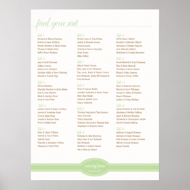 Caroline Seating Chart for Wedding, Mint (Front)