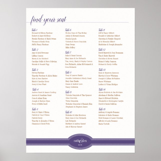 Caroline Seating Chart for Wedding, Purple (Front)