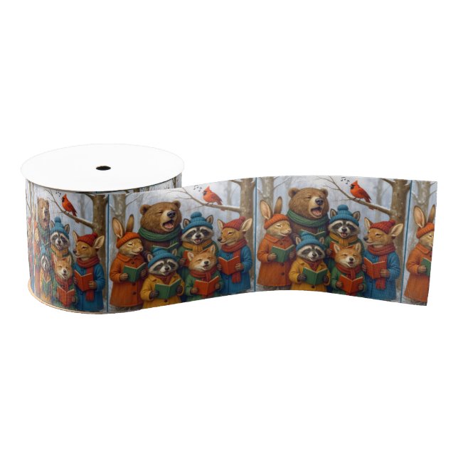 Caroling Christmas Forest Animals  Grosgrain Ribbon (Spool)