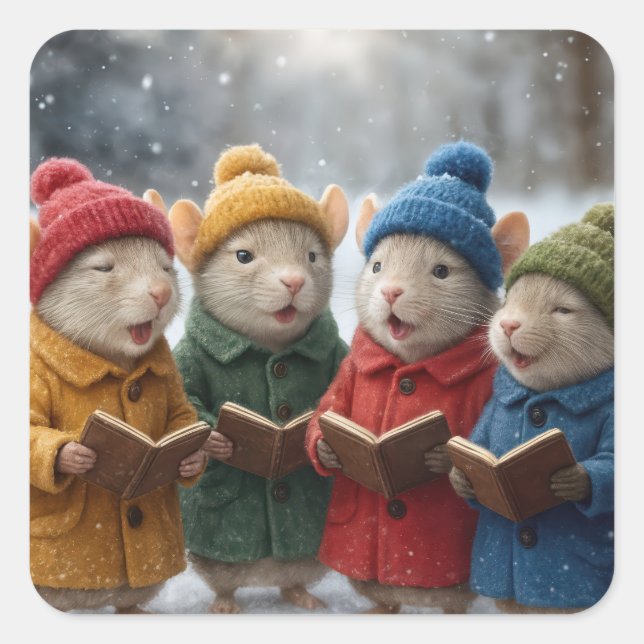 Caroling Christmas Mice In Snow Square Sticker (Front)
