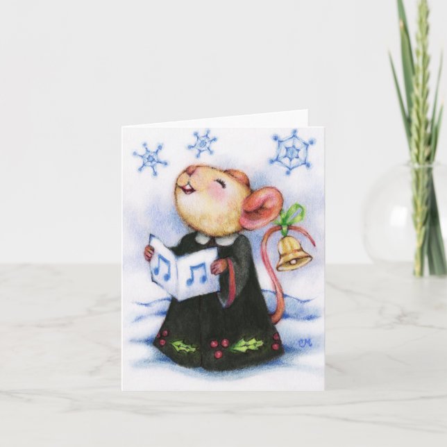 Caroling Christmas Mouse Cute Animal Greeting Card (Front)