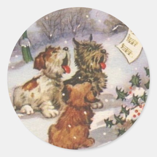 Caroling Dogs in the Snow Classic Round Sticker (Front)
