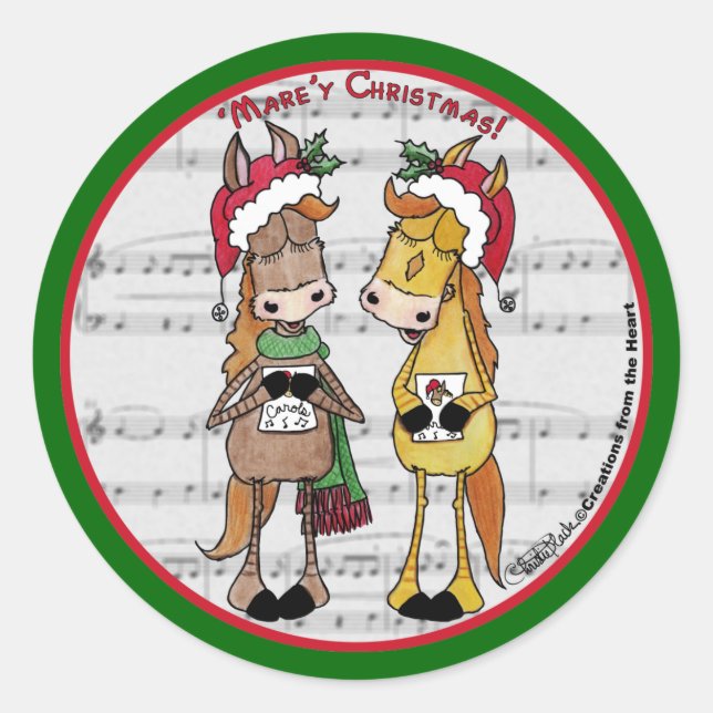 Caroling Horses- 'Mare'y Christmas Classic Round Sticker (Front)
