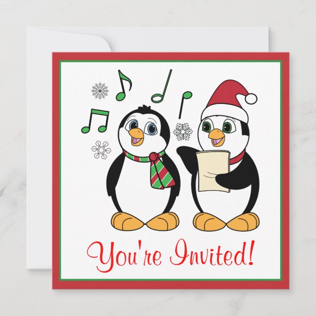 Caroling Penguins Christmas Party Invitation (Front)